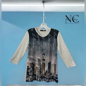 NWOT, Ness, Writing Patterned Sweater, Small, Gray & Navy